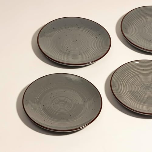 Beyond Homes Ceramic Dinner Plates Set of 6, 19 cm | Matte Finish | Microwave & Dishwasher Safe Ceramic Snack Plates for Dinner | Chip-Resistant | Set of 6, Grey with Brown Ring - Image 5