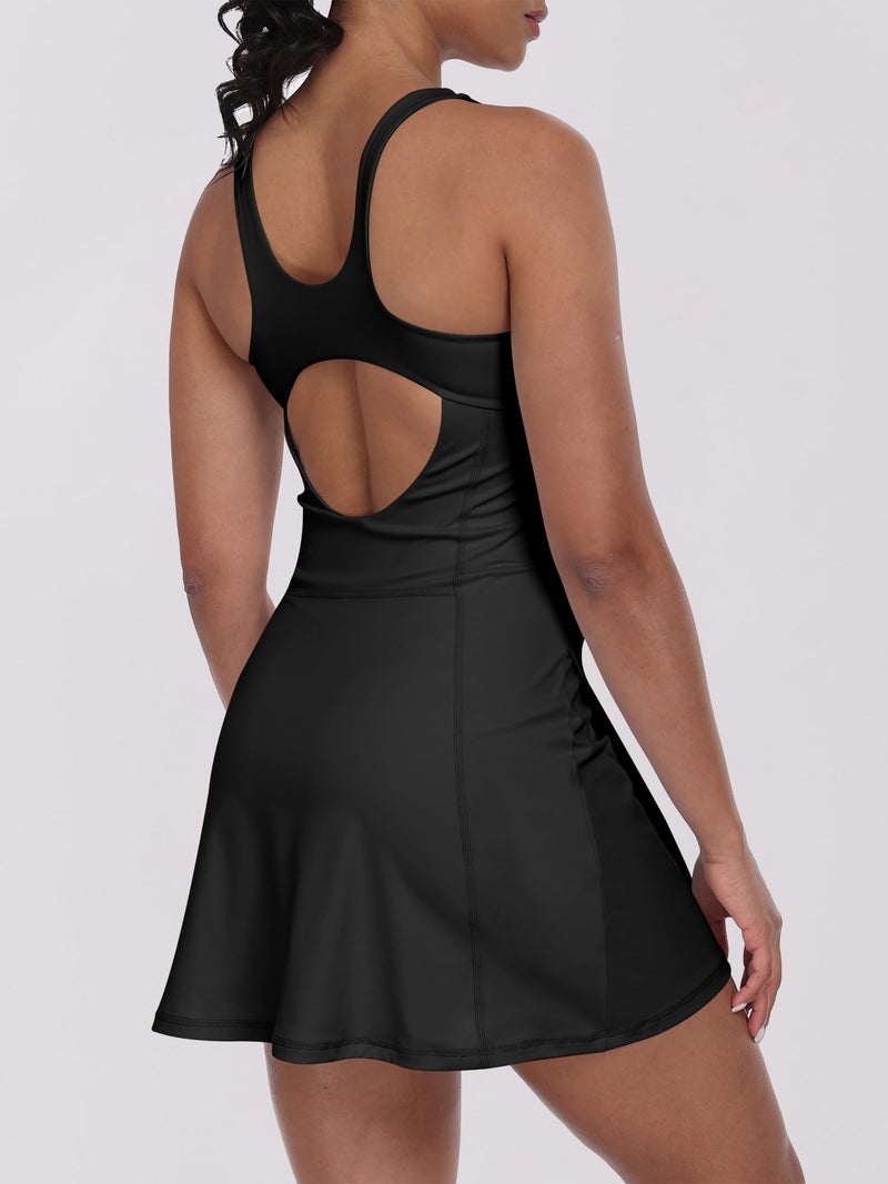 Caracilia Womens Tennis Dress Built in Shorts Square Neck Sleeveless Workout Athletic Mini Skort Dress Golf Summer Outfits Black X-Small - Image 4