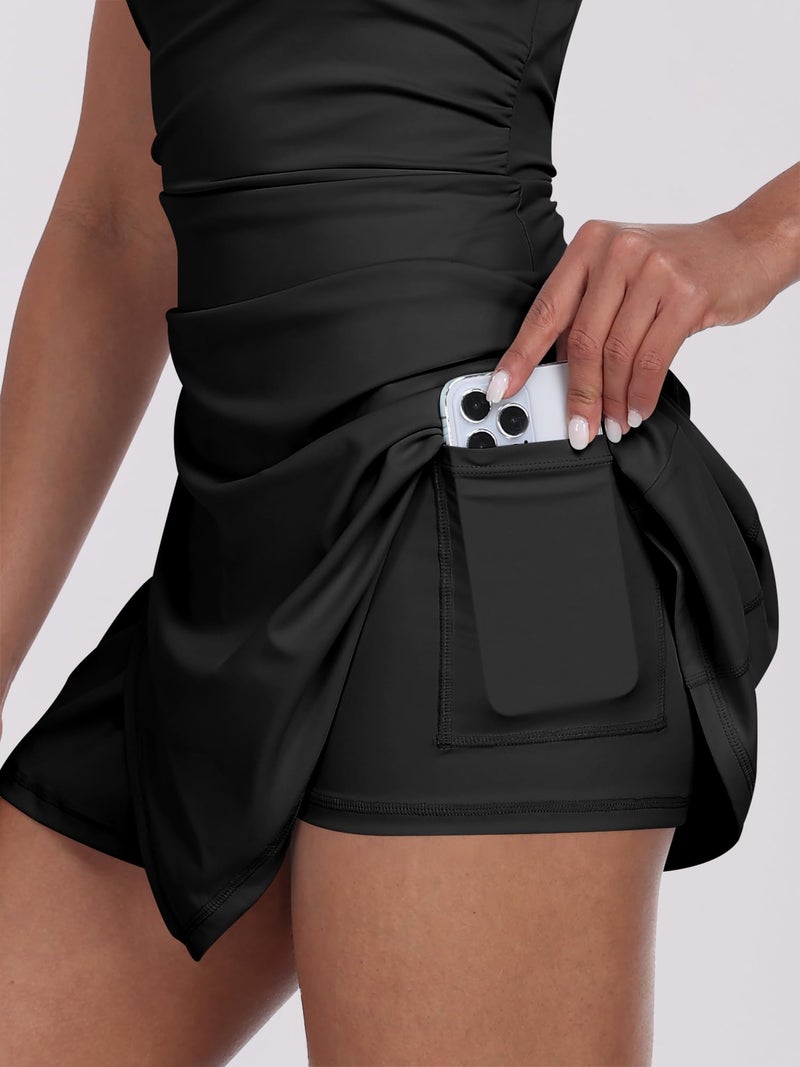 Caracilia Womens Tennis Dress Built in Shorts Square Neck Sleeveless Workout Athletic Mini Skort Dress Golf Summer Outfits Black X-Small - Image 3