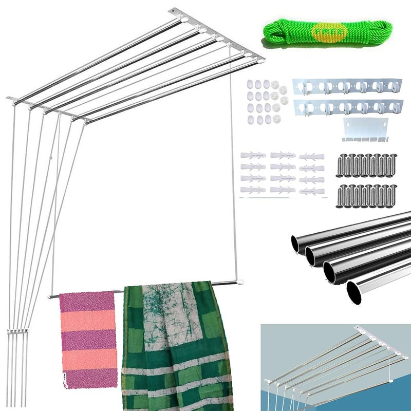 RED WIND حامل ملابس سقفي من الفولاذ المقاوم للصدأ RED WIND_حامل تجفيف الملابس للبلكونة_سكة سحب فردية_حبال نايلون_8 أقدام X 6 أنابيب مع حبل لتعليق الملابس RWDDC6 - Image 1