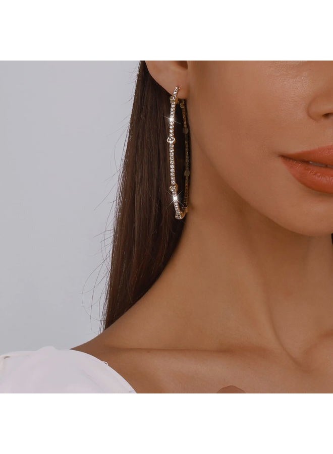 Chargances Gold Large Rhinestone Circle Hoop Earrings Exaggerate Big Crystal Round Earrings Earrings for Women and Girls Fashion Wedding Accessories (Gold) - Image 3