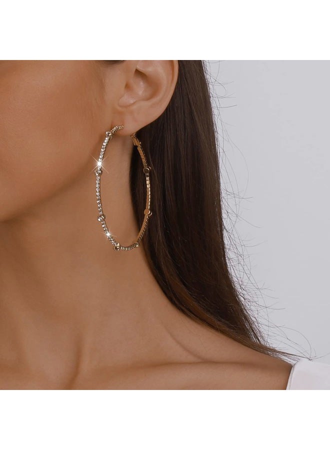 Chargances Gold Large Rhinestone Circle Hoop Earrings Exaggerate Big Crystal Round Earrings Earrings for Women and Girls Fashion Wedding Accessories (Gold) - Image 2