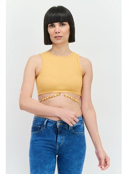 Bershka Women Crew Neck Sleeveless Textured Tank Top, Yellow  - Image 1