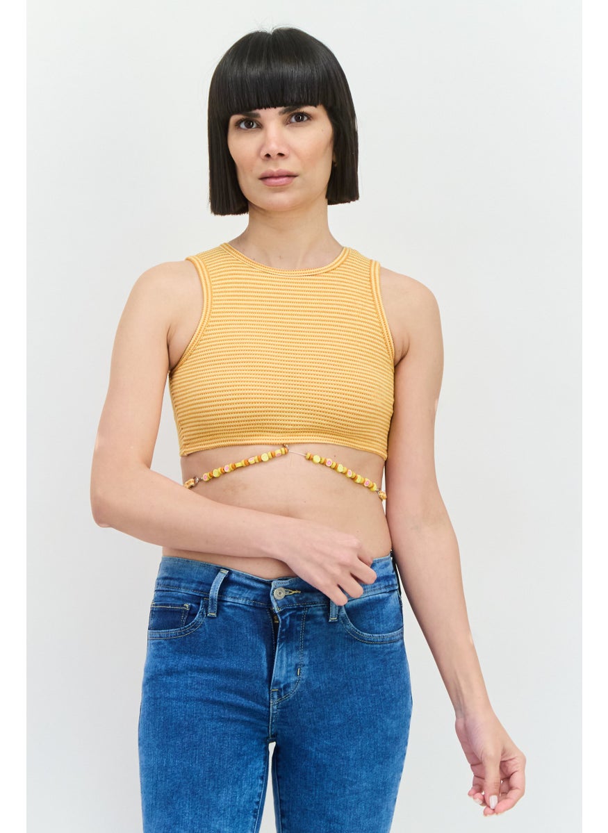 Bershka Women Crew Neck Sleeveless Textured Tank Top, Yellow  - Image 1