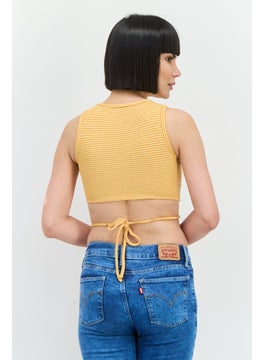 Bershka Women Crew Neck Sleeveless Textured Tank Top, Yellow  - Image 3