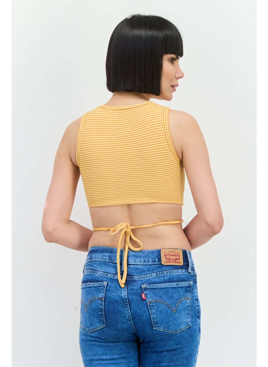 Bershka Women Crew Neck Sleeveless Textured Tank Top, Yellow  - Image 3