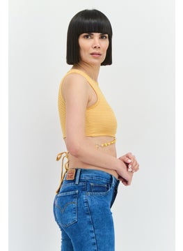 Bershka Women Crew Neck Sleeveless Textured Tank Top, Yellow  - Image 2