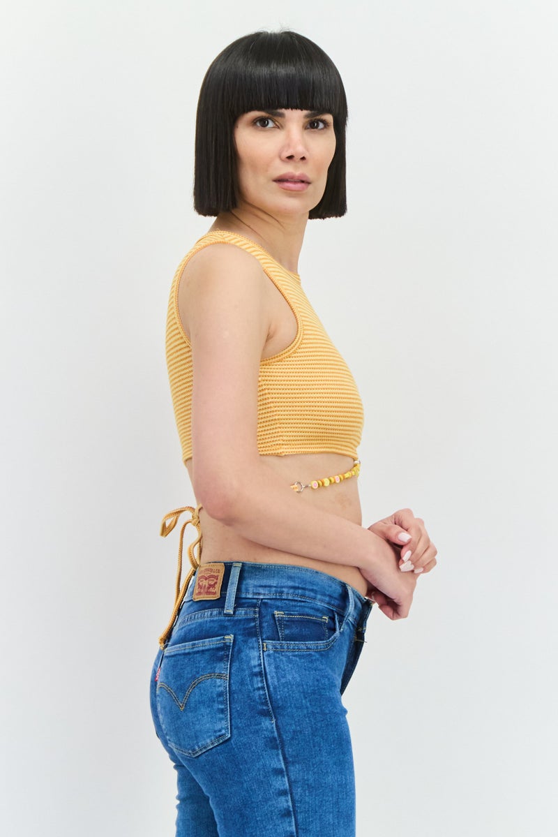 Women Crew Neck Sleeveless Textured Tank Top, Yellow