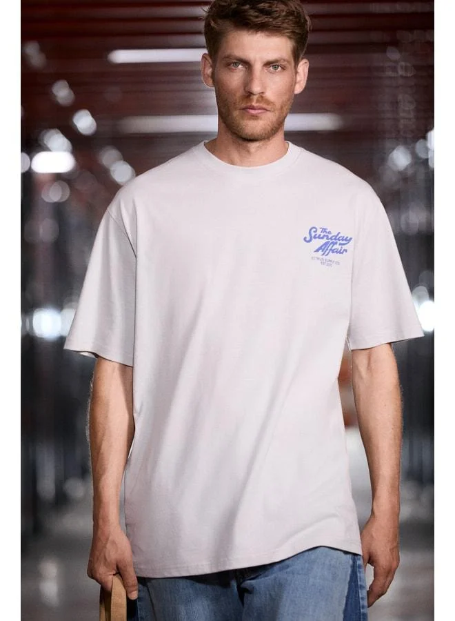 GRIMELANGE GUARDIANO Men's 100% Organic Cotton Print Detailed Comfortable Fit Light Gray T-Shirt.