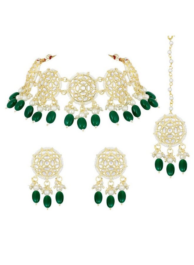 Aheli - Silver Plated Beads Studded Choker Necklace Dangle Earrings & Maang Tikka Ethnic Fashion Jewellery Set Gift For Women - Image 1