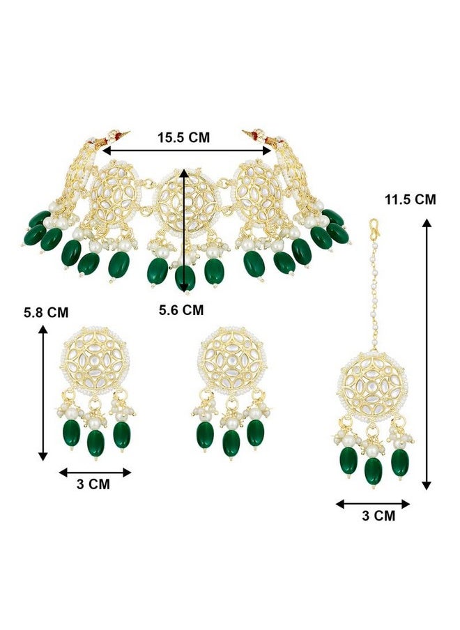 Aheli - Silver Plated Beads Studded Choker Necklace Dangle Earrings & Maang Tikka Ethnic Fashion Jewellery Set Gift For Women - Image 1
