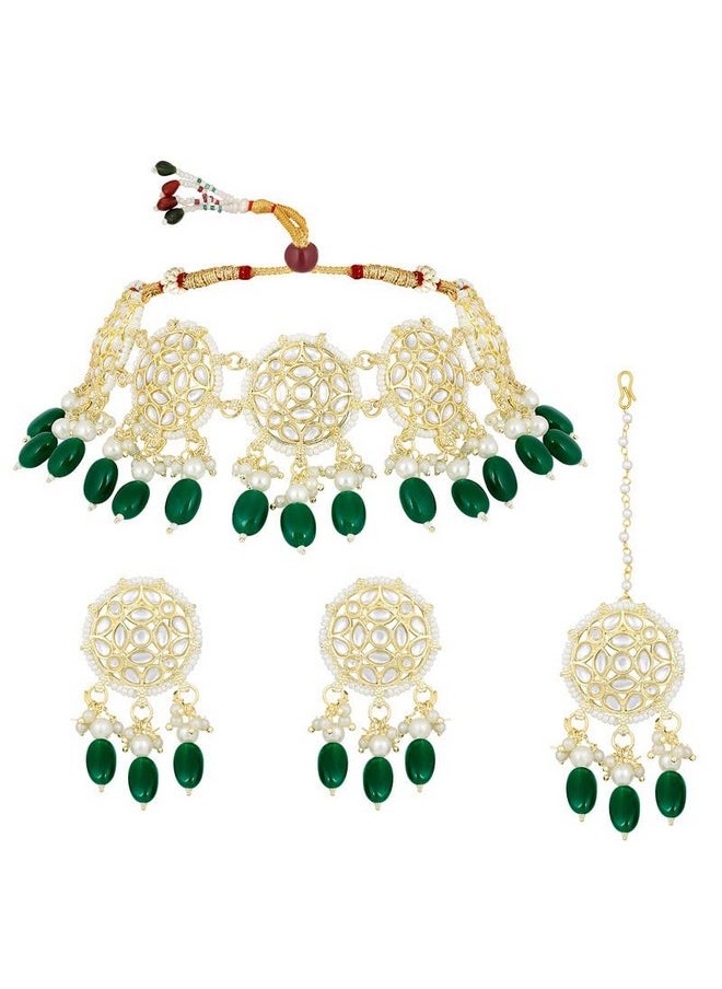 Aheli - Silver Plated Beads Studded Choker Necklace Dangle Earrings & Maang Tikka Ethnic Fashion Jewellery Set Gift For Women - Image 1