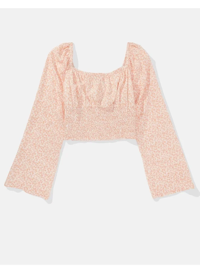 American Eagle Floral Square Neck Ruched Blouse