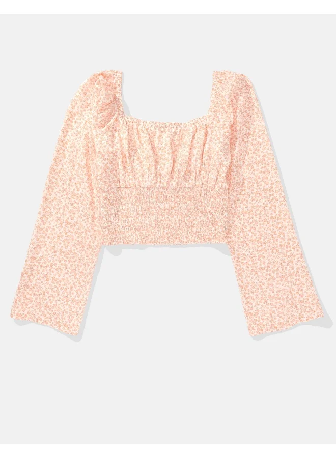 American Eagle Floral Square Neck Ruched Blouse