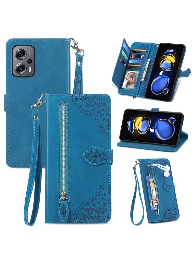 اس-توب جراب هاتف Redmi Note 11T من الجلد بسحاب منقوش عليه زهور - Image 1