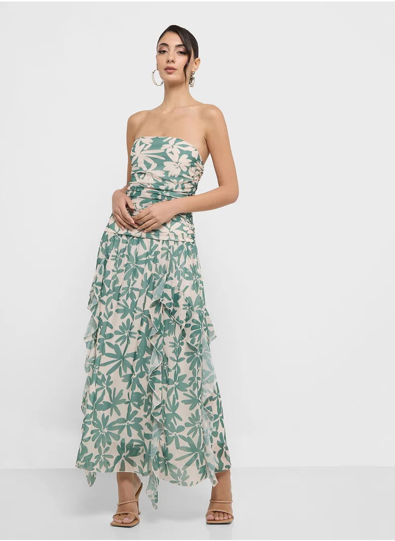 جينجر Bandeau Ditsy Floral A Line Dress With Frill Detail