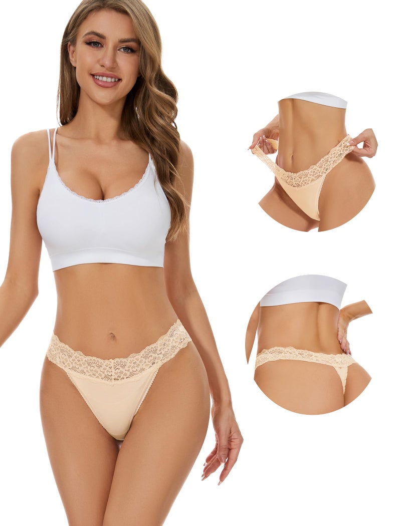 voenxe Seamless Lace Thongs for Women No Show Thong Underwear,Lady Breathable Comfort Panty Soft Laser Cut Undie,Tanga,5-Pack Coffee - Image 5