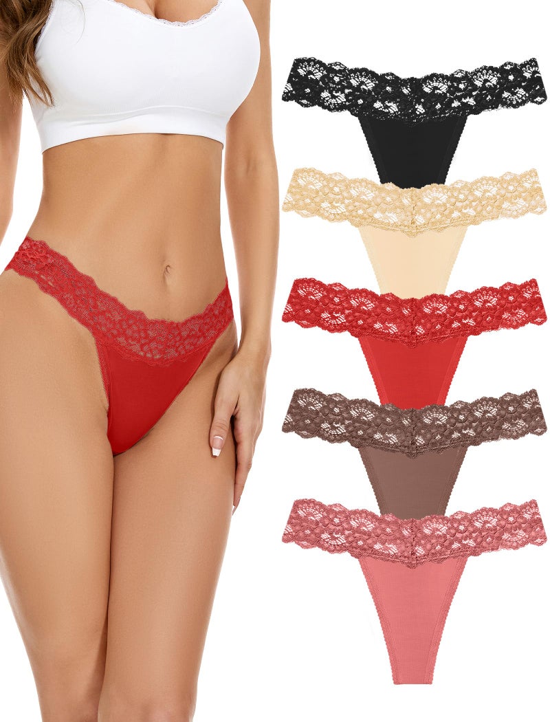 voenxe Seamless Lace Thongs for Women No Show Thong Underwear,Lady Breathable Comfort Panty Soft Laser Cut Undie,Tanga,5-Pack Coffee - Image 1