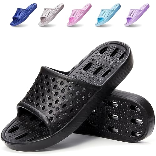 Xomiboe Shower Shoes Women Non Slip Men Shower Slippers With Holes College Dorm Room Essentials for Girls Boys Kids Sandals Hospital Wide Swimming Water Shoe (Black,EU40-41) - Image 1