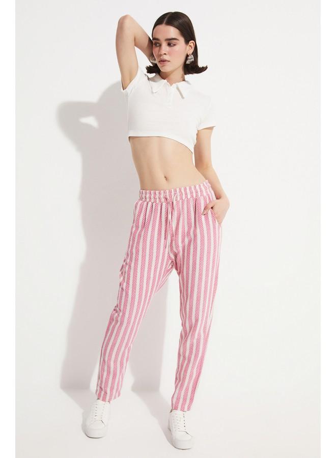 جون بنطلون مخطط بخصر مطاطي - وردي - Image 2