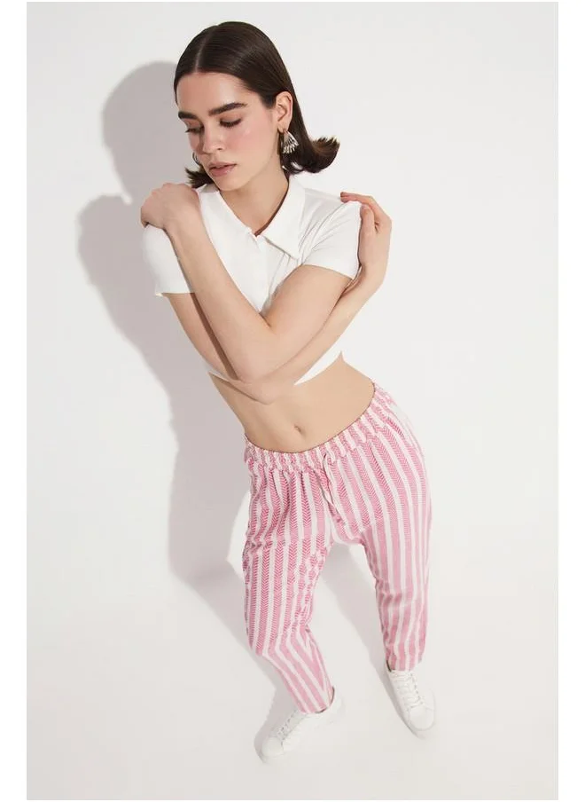 JUNE June Elastic Waist Striped Trouser Pink