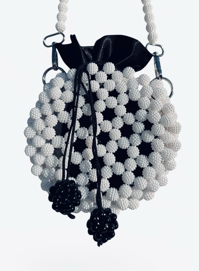 Afro Love Afro Melanin Pearl Lux Pouch, Black Silk with White and Black Beads, Luxury Evening Bag