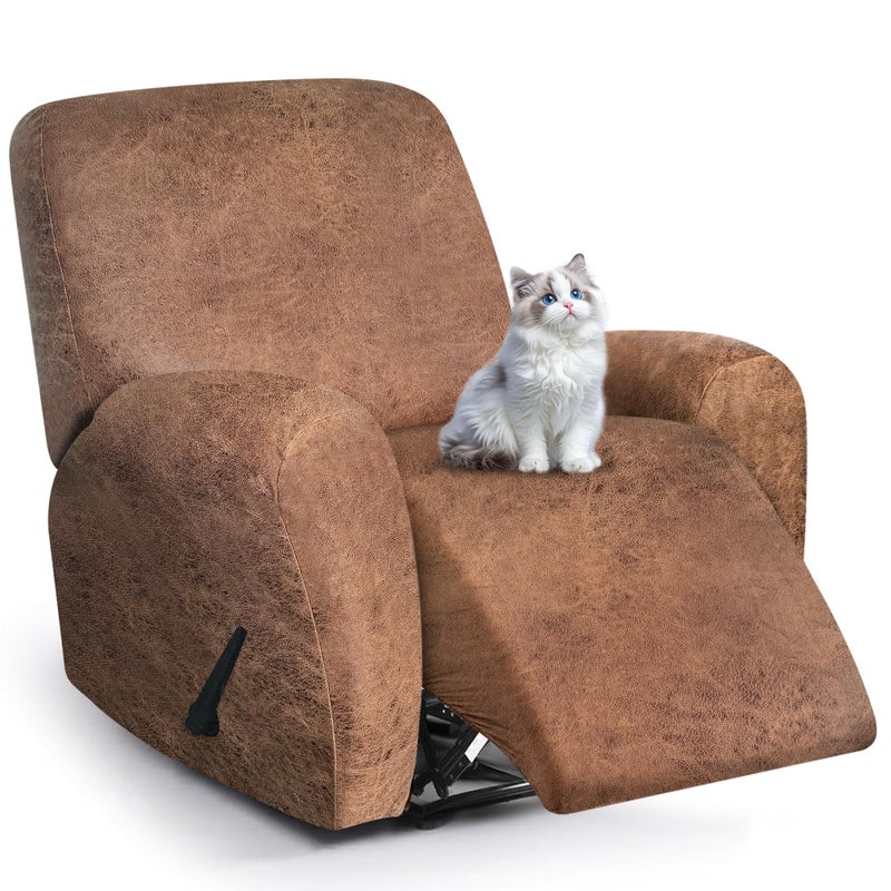 ANARACHON Leather Look Recliner Chair Covers, 4-Pieces Stretch Recliner Cover, Soft Reclining Chair Slipcover, Washable Furniture Protector for Lazy Boy Recliner (1 Seater, 06 Brown) - Image 1