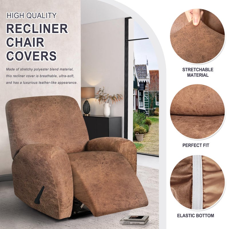ANARACHON Leather Look Recliner Chair Covers, 4-Pieces Stretch Recliner Cover, Soft Reclining Chair Slipcover, Washable Furniture Protector for Lazy Boy Recliner (1 Seater, 06 Brown) - Image 5