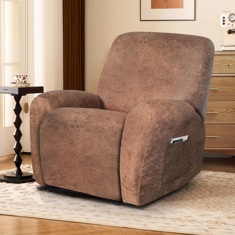 ANARACHON Leather Look Recliner Chair Covers, 4-Pieces Stretch Recliner Cover, Soft Reclining Chair Slipcover, Washable Furniture Protector for Lazy Boy Recliner (1 Seater, 06 Brown) - Image 2