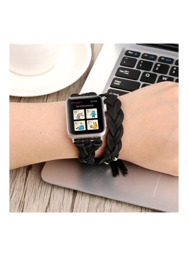 NIBEMINENT Hand-Woven Leather Watchband For Apple Watch Series 7/6/SE/5/4/3/2/1 41/40/38mm Black - Image 1