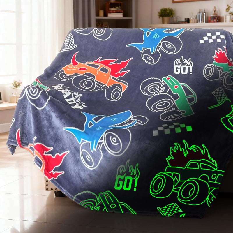 COMFAR Glow in The Dark Monster Truck Blanket for Boys/Girls/Kids/Toddler/Baby, Monster Truck Toys for Boy Age 3-12, Car Blanket for Birthday/Gifts 40"x 50" - Image 1