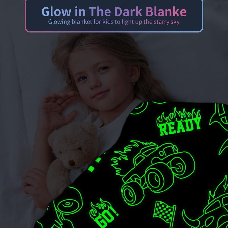 COMFAR Glow in The Dark Monster Truck Blanket for Boys/Girls/Kids/Toddler/Baby, Monster Truck Toys for Boy Age 3-12, Car Blanket for Birthday/Gifts 40"x 50" - Image 2