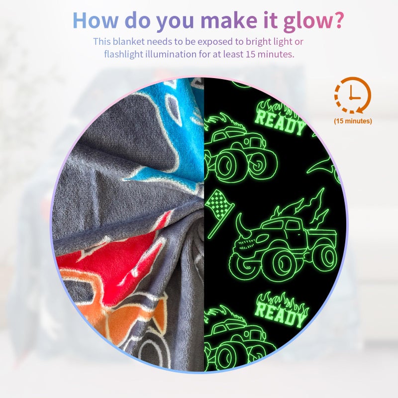 COMFAR Glow in The Dark Monster Truck Blanket for Boys/Girls/Kids/Toddler/Baby, Monster Truck Toys for Boy Age 3-12, Car Blanket for Birthday/Gifts 40"x 50" - Image 3