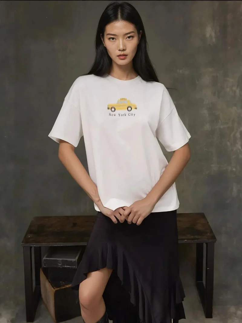 HICCUP %100 Cotton Oversized Printed Crew Neck Cotton T-Shirt