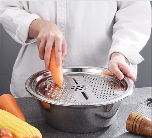 Atharved 3 in 1 Stainless Steel Drain Basket Vegetable Cutter Cheese Grater Vegetable Fruit Rice Food Washing Bowl Strainer Pack of 1 - Image 2