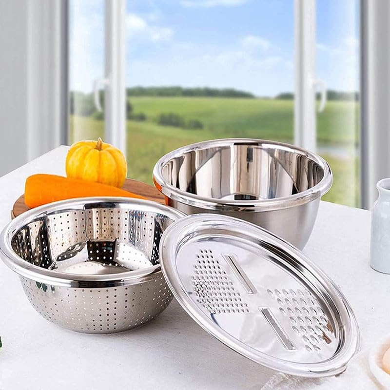 Atharved 3 in 1 Stainless Steel Drain Basket Vegetable Cutter Cheese Grater Vegetable Fruit Rice Food Washing Bowl Strainer Pack of 1 - Image 4