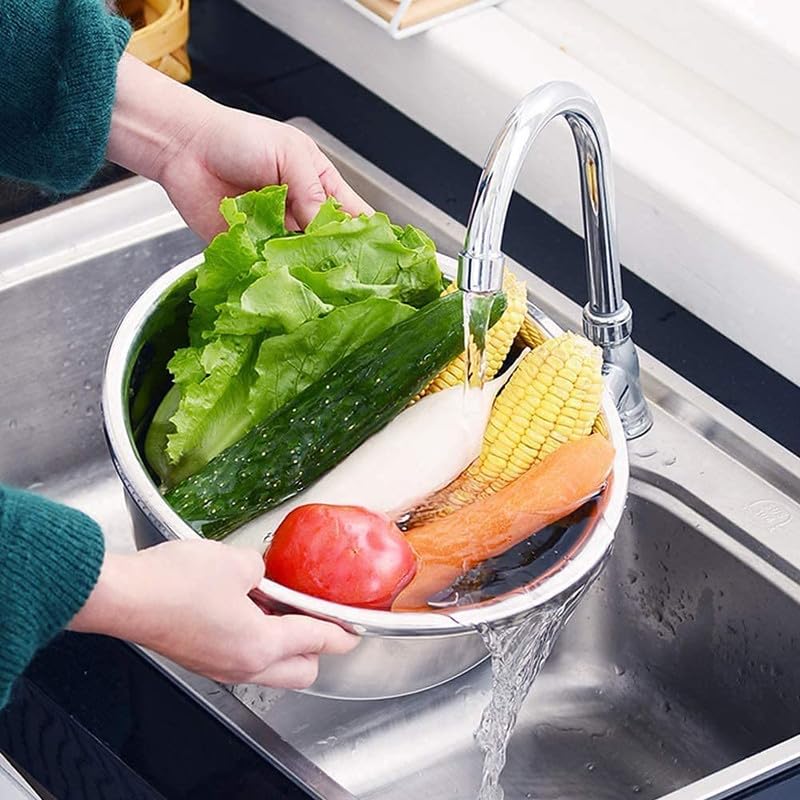 Atharved 3 in 1 Stainless Steel Drain Basket Vegetable Cutter Cheese Grater Vegetable Fruit Rice Food Washing Bowl Strainer Pack of 1 - Image 3