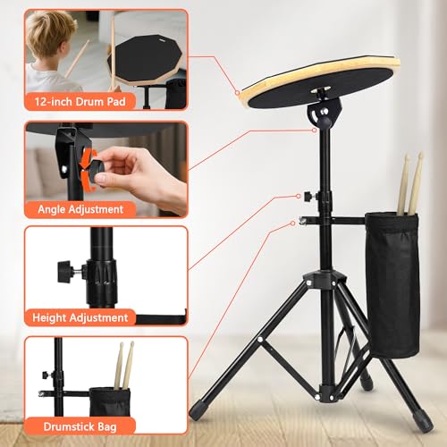 Vhffoso 12 Inch Practice Drum Pad with Stand and Sticks, Beginner Snare Drum Pad with Drumsticks and Carrying Bag, Double Sided Silent Drum Pad (Black) - Image 5