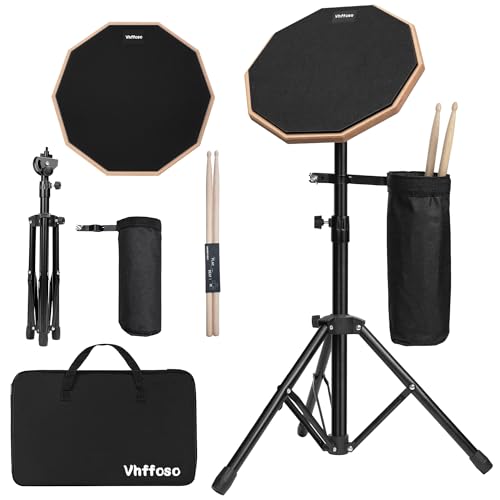 Vhffoso 12 Inch Practice Drum Pad with Stand and Sticks, Beginner Snare Drum Pad with Drumsticks and Carrying Bag, Double Sided Silent Drum Pad (Black) - Image 1