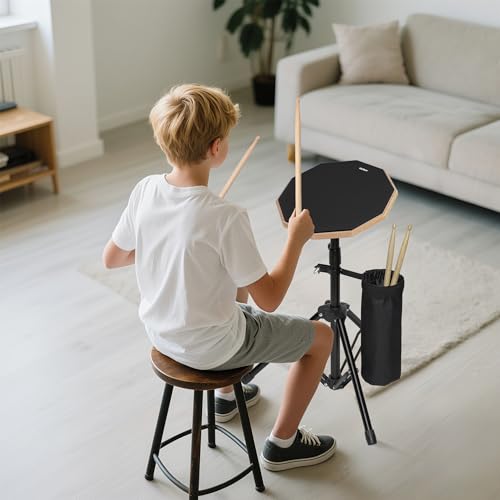 Vhffoso 12 Inch Practice Drum Pad with Stand and Sticks, Beginner Snare Drum Pad with Drumsticks and Carrying Bag, Double Sided Silent Drum Pad (Black) - Image 2