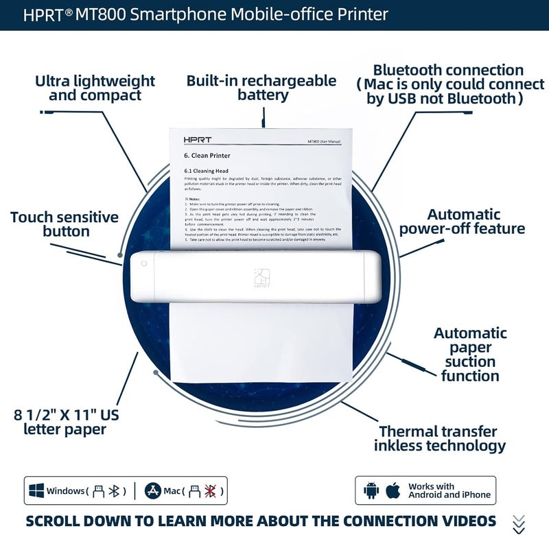 HPRT Therma MT800Q Portable Mini Printer, Wireless for iPhone and Computer, Support for 216mm Width A4 Paper - Image 2
