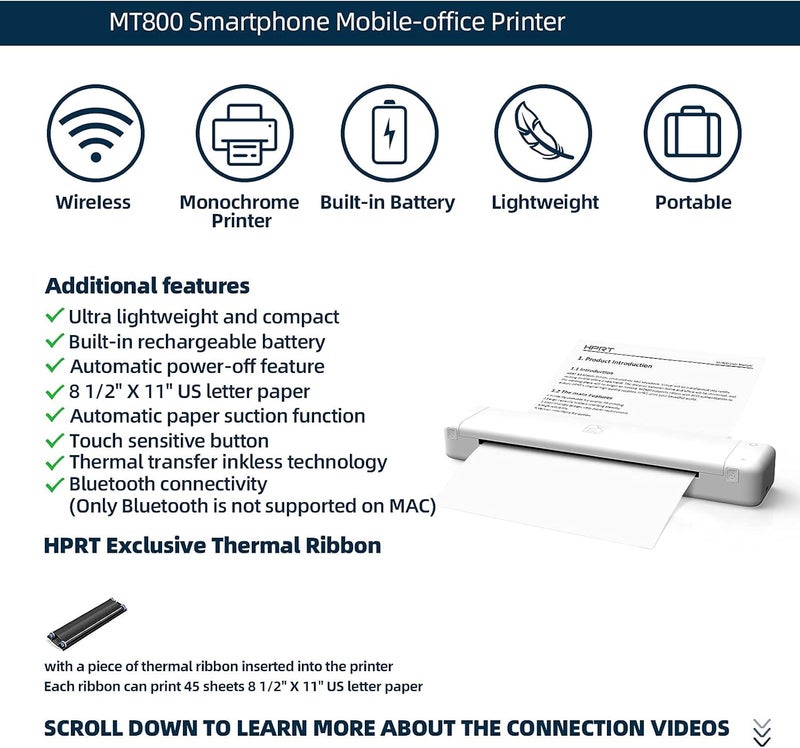HPRT Therma MT800Q Portable Mini Printer, Wireless for iPhone and Computer, Support for 216mm Width A4 Paper - Image 3