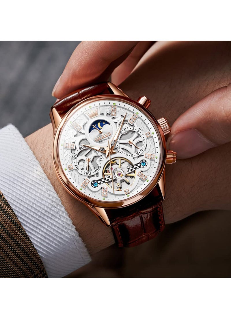 OLEVS OLEVS Men's Hollow Mechanical Formal Casual Leather Waterproof Watch 6658 - Image 4