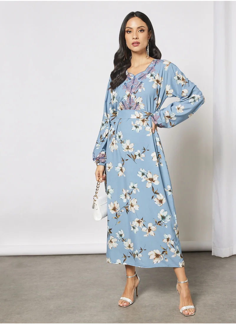 Hayat Jalabiya With Embroidery In Front And Garterised Wrist With Belt