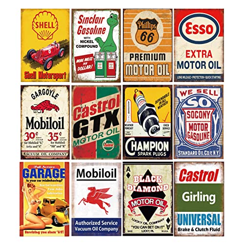 PeisTin 12 Pieces Gas and Oil Tin Signs, Retro Vintage Metal Sign for Home Man Cave Garage, 8x12 Inch/20x30cm - Image 1