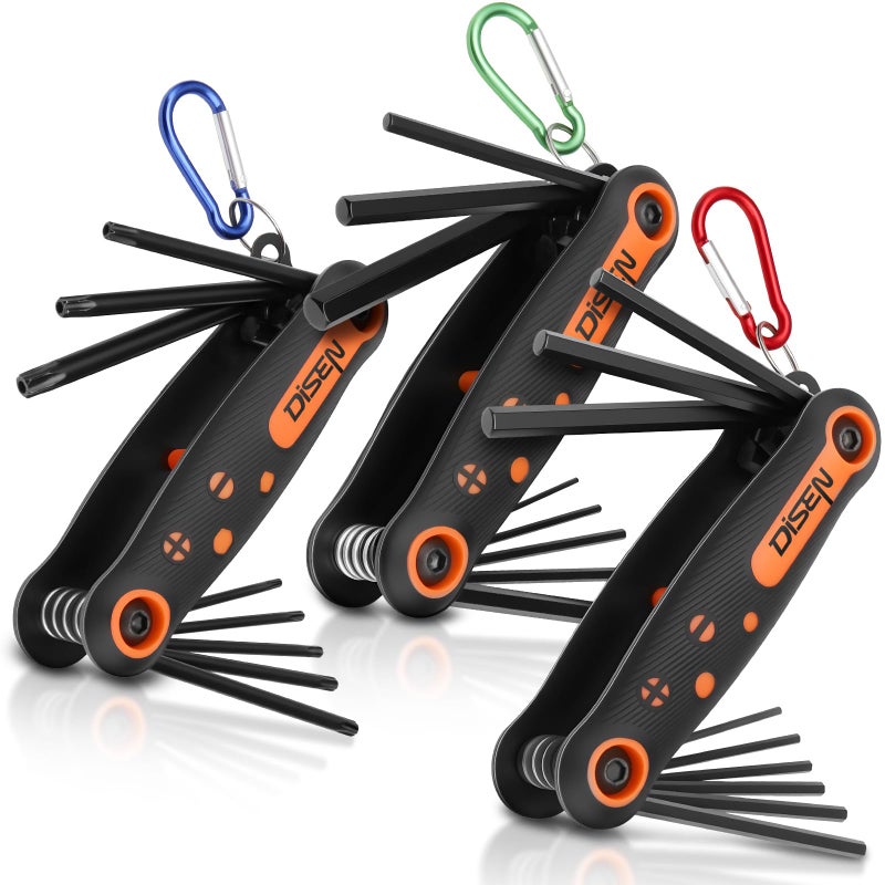 DISEN 25 PCS Folding Allen Hex Key Set SAE Metric Torx Star Key Set 3Pack Hex Key Portable Keyhook Heat Treated Chrome Vanadium Steel Allen Wrenches