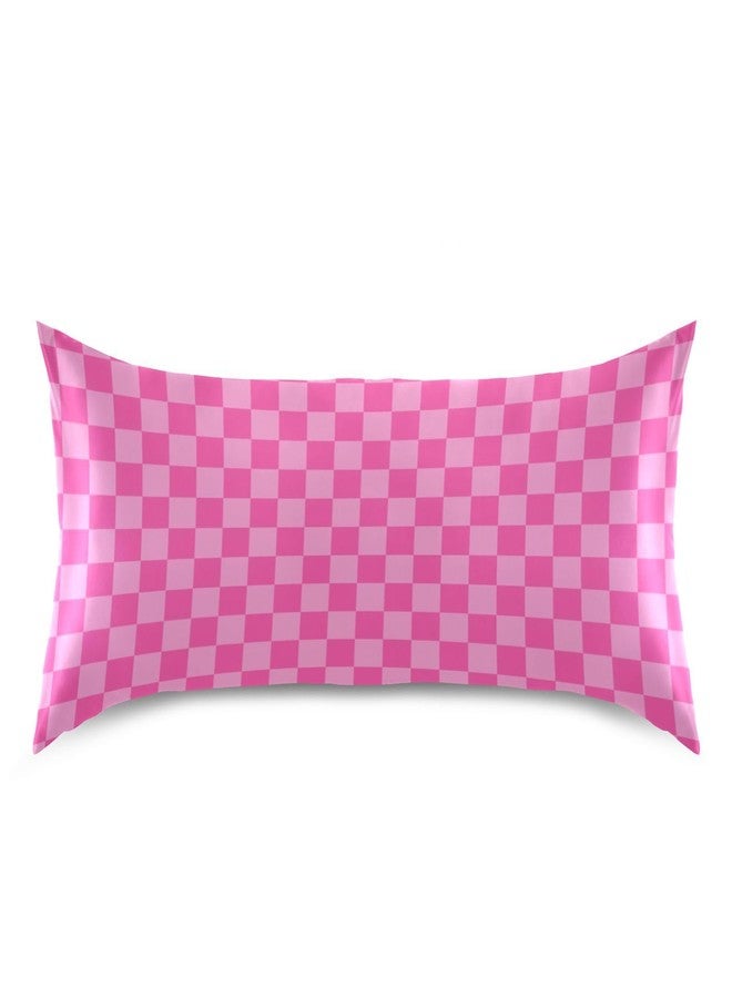 KOPIRIT Pink Checkered Pillow Covers Silk Pillowcase for Hair and Skin Breathable Soft Cooling Satin Pillowcase Standard Size Pillow Case for Women Boys Girls (20x26 Inch) - Image 3