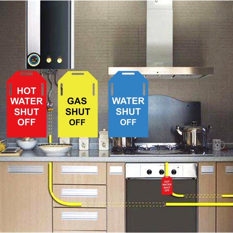 wootile Shut Off Valve Tag 15 Pack Yellow Gas Shut off Blue Water Shut off Red Hot Water Shut off Tags - Plastic Valve Identifier Tag Plumbing Identification Pipe Tags For Rental Realtor 3 x 5 Inch - Image 3