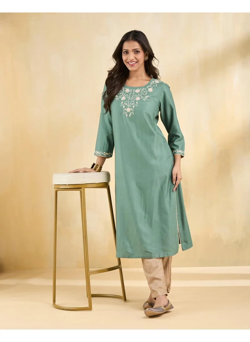 فاب انديا Green Viscose Silk Embroidered Long Kurta