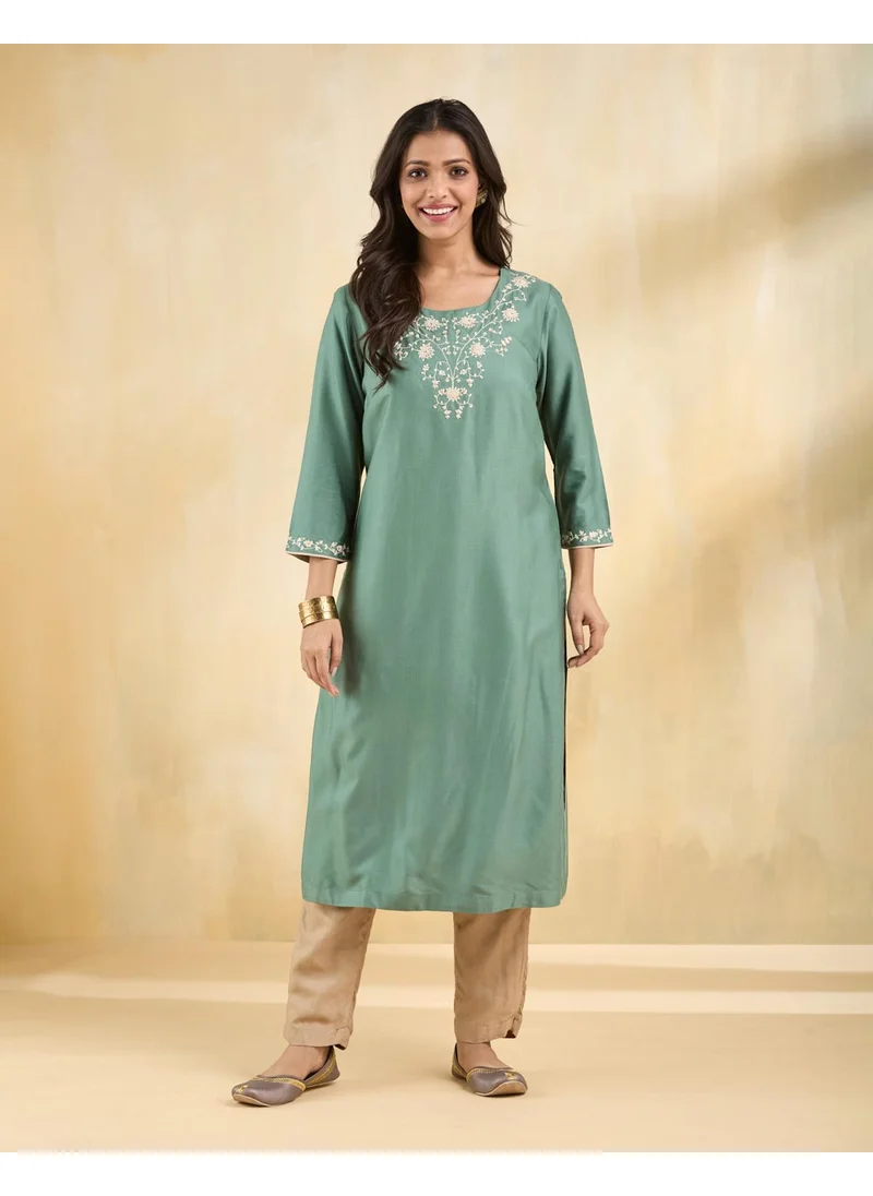 فاب انديا Green Viscose Silk Embroidered Long Kurta